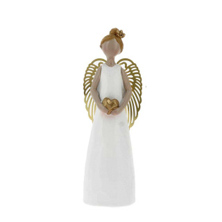 Angel with white resin heart and metal wings 15 cm