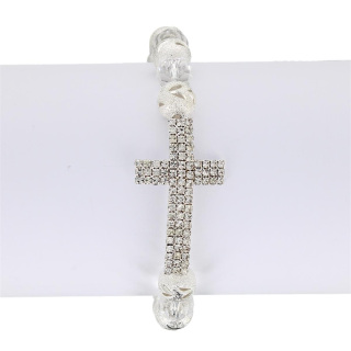 Curved cross bracelet with transparent pearls