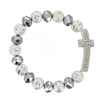 Curved cross bracelet with gray pearls