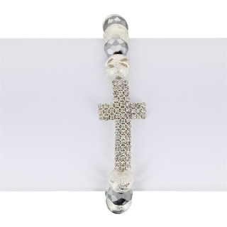 Curved cross bracelet with gray pearls