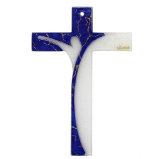 Glass cross white and blue decoration 14x21 cm