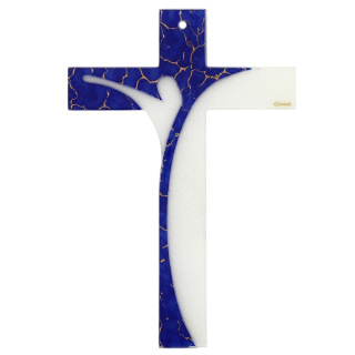 Glass cross white and blue decoration 23x34 cm