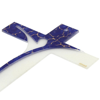 Glass cross white and blue decoration 23x34 cm