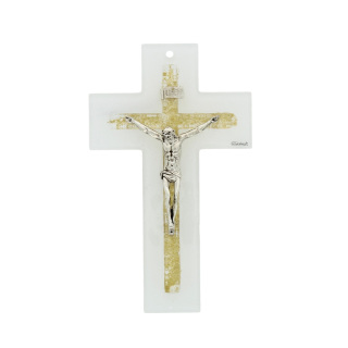 White and gold double glass crucifix 21 cm