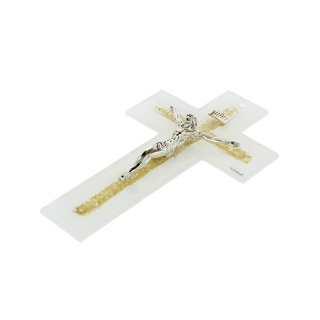 White and gold double glass crucifix 21 cm