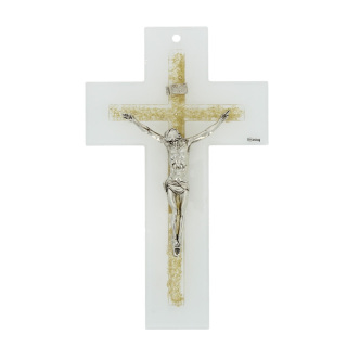 White and gold double glass crucifix 26 cm
