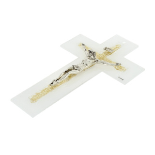 White and gold double glass crucifix 26 cm