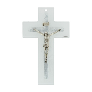 White and silver double glass crucifix 21 cm