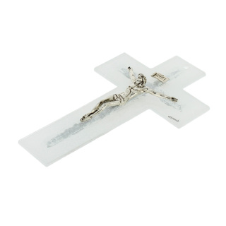 White and silver double glass crucifix 21 cm