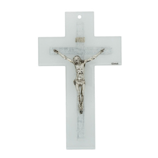 White and silver double glass crucifix 26 cm