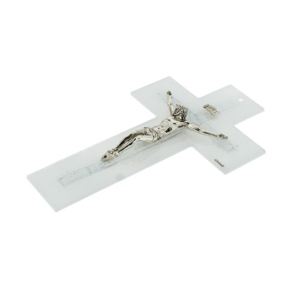 White and silver double glass crucifix 26 cm