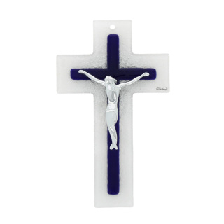 White and blue double glass crucifix 21 cm