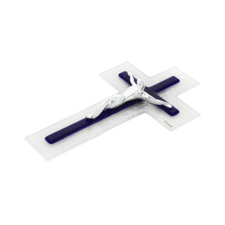 White and blue double glass crucifix 21 cm