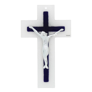 White and blue double glass crucifix 26 cm