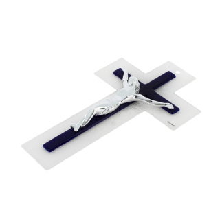 White and blue double glass crucifix 26 cm