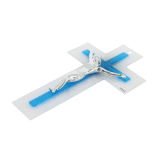 White and light blue double glass crucifix 26 cm
