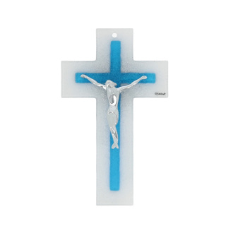 White and light blue double glass crucifix 21 cm