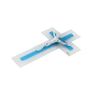 White and light blue double glass crucifix 21 cm