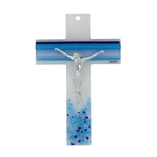 Glass crucifix with blue Lines decoration 21 cm