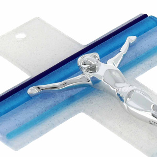 Glass crucifix with blue Lines decoration 21 cm