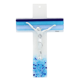 Glass crucifix with blue Lines decoration 26 cm