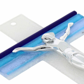 Glass crucifix with blue Lines decoration 26 cm