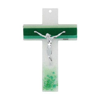 Glass crucifix with green Lines decoration 21 cm