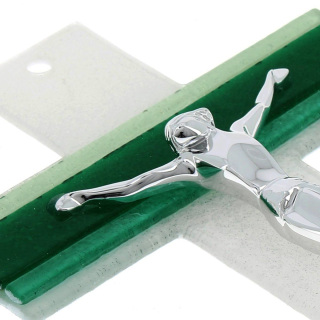Glass crucifix with green Lines decoration 21 cm