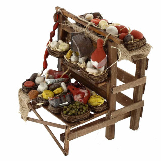 Banco in legno con formaggi per presepe 14x16x14 cm