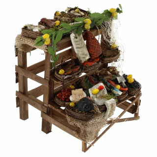 Banco in legno con pesce per presepe 16x15x14 cm