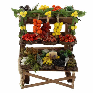 Banco in legno con frutta per presepe 16x16x14 cm
