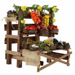 Banco in legno con frutta per presepe 16x16x14 cm