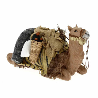 Barded camel with baby in basket in terracotta 15 cm
