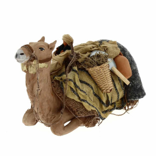 Barded camel with baby in basket in terracotta 15 cm