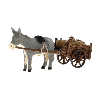 Carretto in legno con sacchi e asino in terracotta vestita 12 cm