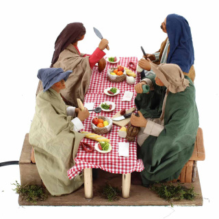 Tavolata 4 personaggi in terracotta vestita a movimento 24 cm