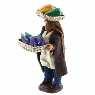 Man with basket in head and in hand in dressed terracotta 7 cm