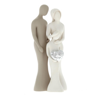Figura estilizada Sagrada Familia blanco taupe corazón plateado 12.5 cm
