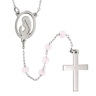 Rosary Necklace Stainless Steel with Faceted Matte Pink Beads 3 mm