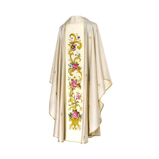 Casulla con estolón Monograma Mariano y Flores de pura lana