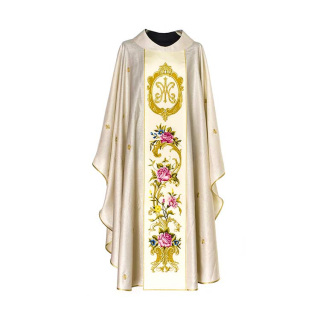 Casulla con estolón Monograma Mariano y Flores de pura lana