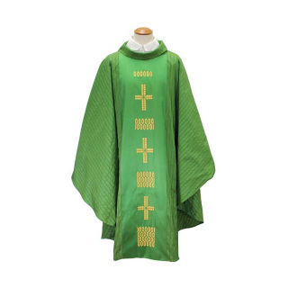 Casula liturgica in seta verde rigata ricamo croci oro