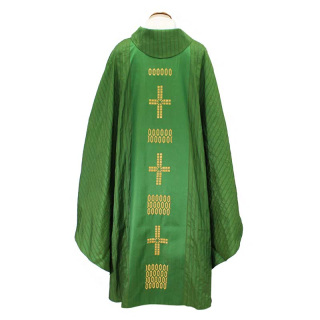 Casula liturgica in seta verde rigata ricamo croci oro