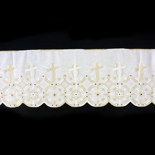 Puntilla para mantel de altar sangallo blanco lamé dorato 22 cm