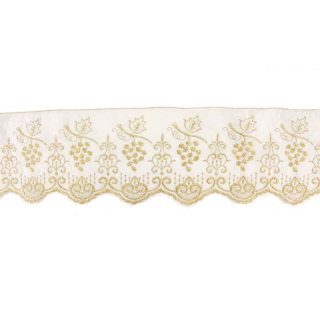 Puntilla para mantel de altar muselina blanca con bordado uva dorada 15 cm