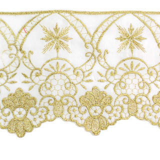 Puntilla para mantel de altar muselina blanca bordado dorado 13 cm