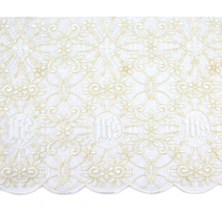 Puntilla para mantel de altar Cruces Ihs y Rosas sobre tul 20 cm