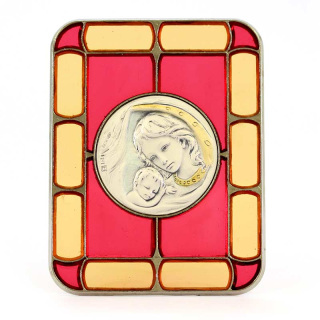 Glass Image Virgin with Child Silver Plaque 8x10 cm
