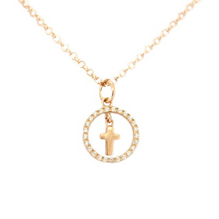 Pendente argento ramato croce in cerchio con strass