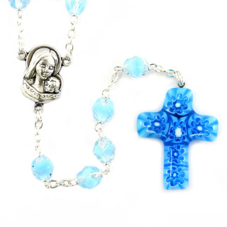Blue glass Rosary with murrina cross, 6 mm bead Cipolletti